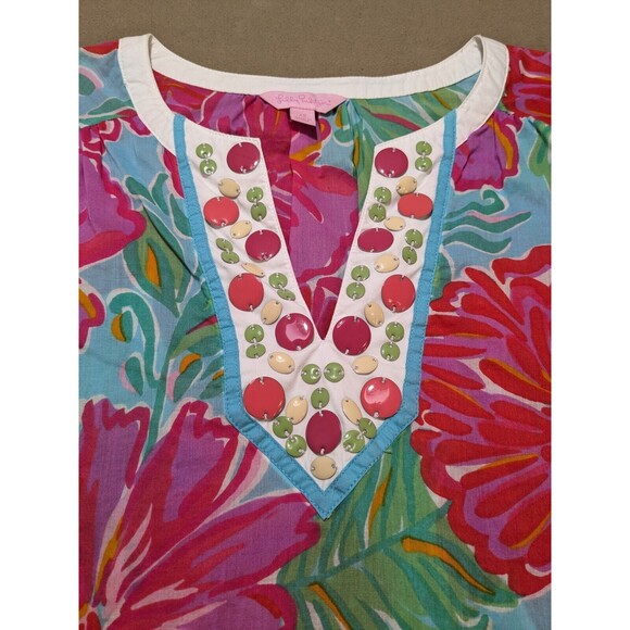 Lilly Pulitzer Women's Floral Blouse V-Neck w/ Embellishments Lagenlook Size XS - Picture 3 of 10